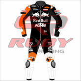 Front view of the Maverick ViƱales 2025 Barcelona Winter Test MotoGP Racing Suit, featuring striking red and orange graphics and protective knee sliders.